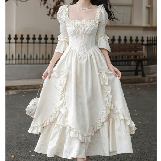 Bell Sleeve Square Neck Plain Bow Ruffle Panel Maxi A-Line Dress / Angel Print Underbust Corset / Set