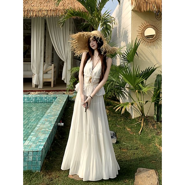 Sleeveless V-Neck Plain Peplum Lace Trim Top / High Waist Tiered Maxi A-Line Skirt / Set (Various Designs)