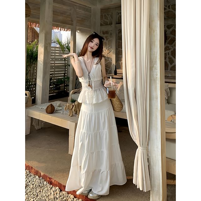 Sleeveless V-Neck Plain Peplum Lace Trim Top / High Waist Tiered Maxi A-Line Skirt / Set (Various Designs)