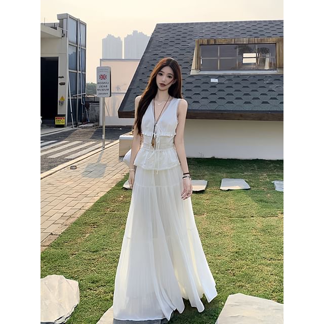 Sleeveless V-Neck Plain Peplum Lace Trim Top / High Waist Tiered Maxi A-Line Skirt / Set (Various Designs)