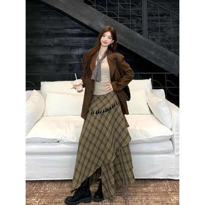 Notch Lapel Plain Faux Suede Single Breasted Blazer / Long Sleeve Scoop Neck Lettering Embroidered T-Shirt / High Rise Plaid Tassel Asymmetrical Maxi A-Line Skirt / Scarf / Set