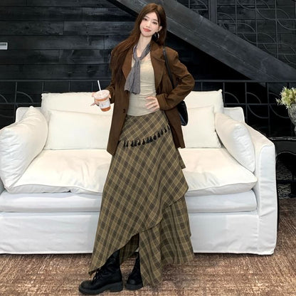 Notch Lapel Plain Faux Suede Single Breasted Blazer / Long Sleeve Scoop Neck Lettering Embroidered T-Shirt / High Rise Plaid Tassel Asymmetrical Maxi A-Line Skirt / Scarf / Set