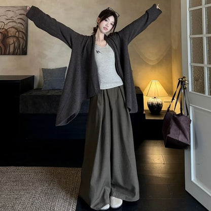 Long Sleeve Scoop Neck Lettering Embroidered Tee / Plain Open Front Cardigan / High Waist Plain Wide Leg Pants / Set