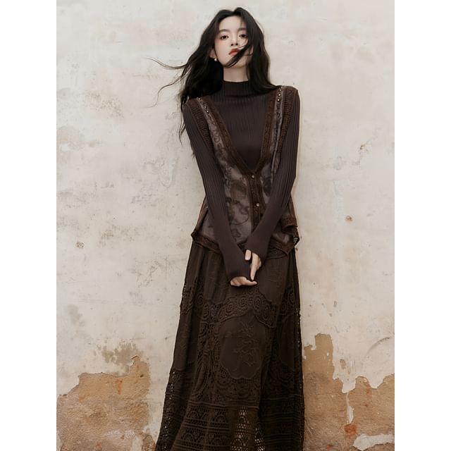 Long Sleeve Mock Neck Plain Ribbed Knit Top / V-Neck Floral Embroidered Button Vest / High Rise Plain Lace Maxi A-Line Skirt / Set