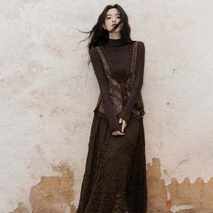 Long Sleeve Mock Neck Plain Ribbed Knit Top / V-Neck Floral Embroidered Button Vest / High Rise Plain Lace Maxi A-Line Skirt / Set