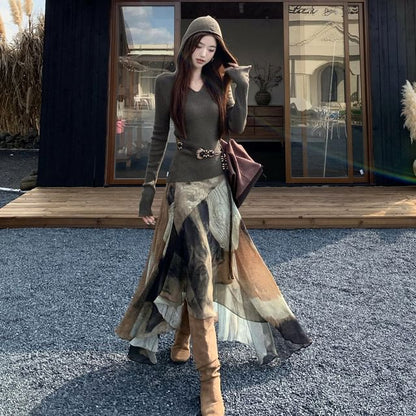 Long Sleeve V-Neck Plain Hood Ribbed Knit Top / High Waist Patterned Print High-Low A-Line Skirt / Belt / Set