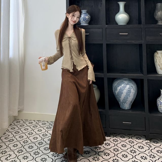 Long Sleeve V-Neck Plain Lettuce Edge Lace Up Top / High Waist Plain Faux Suede Maxi A-Line Skirt / Set