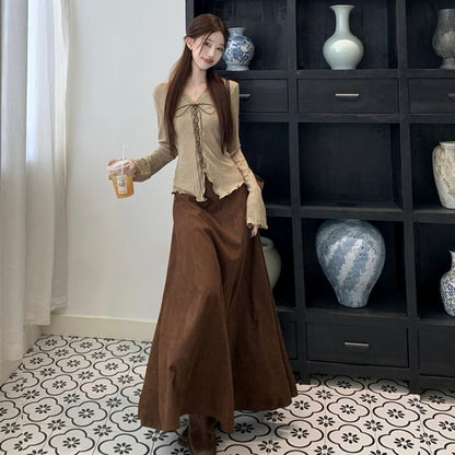 Long Sleeve V-Neck Plain Lettuce Edge Lace Up Top / High Waist Plain Faux Suede Maxi A-Line Skirt / Set