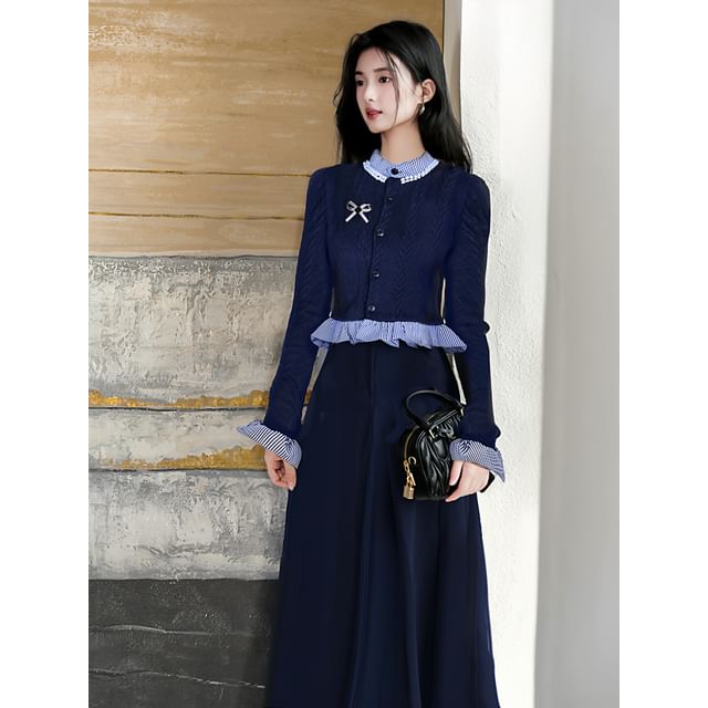 Mock Neck Plaid Ruffle Trim Beaded Cardigan / Brooch / High Waist Plain Maxi A-Line Skirt / Set