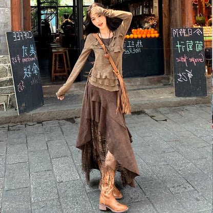 Long Sleeve Halter Ruffle Tiered Mock Two Piece Top / High Rise Plaid Panel Asymmetrical Midi A-Line Skirt / Set