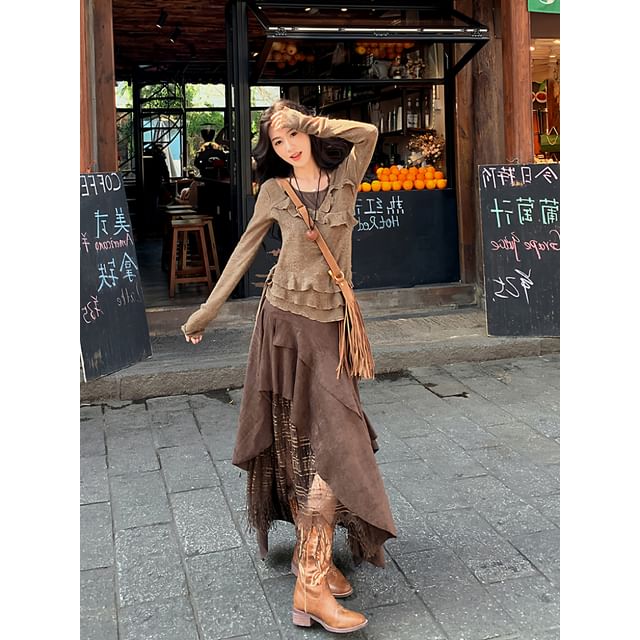 Long Sleeve Halter Ruffle Tiered Mock Two Piece Top / High Rise Plaid Panel Asymmetrical Midi A-Line Skirt / Set