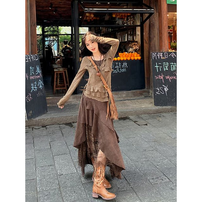 Long Sleeve Halter Ruffle Tiered Mock Two Piece Top / High Rise Plaid Panel Asymmetrical Midi A-Line Skirt / Set