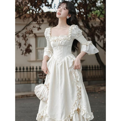 Bell Sleeve Square Neck Plain Bow Ruffle Panel Maxi A-Line Dress / Angel Print Underbust Corset / Set