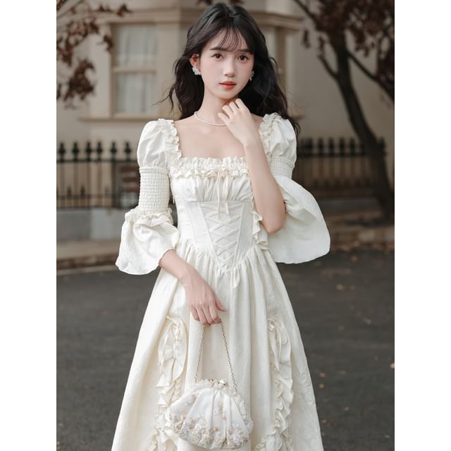 Bell Sleeve Square Neck Plain Bow Ruffle Panel Maxi A-Line Dress / Angel Print Underbust Corset / Set