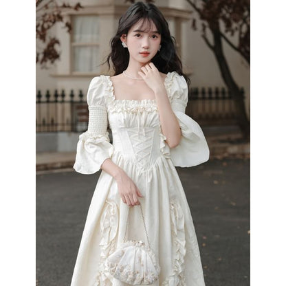 Bell Sleeve Square Neck Plain Bow Ruffle Panel Maxi A-Line Dress / Angel Print Underbust Corset / Set