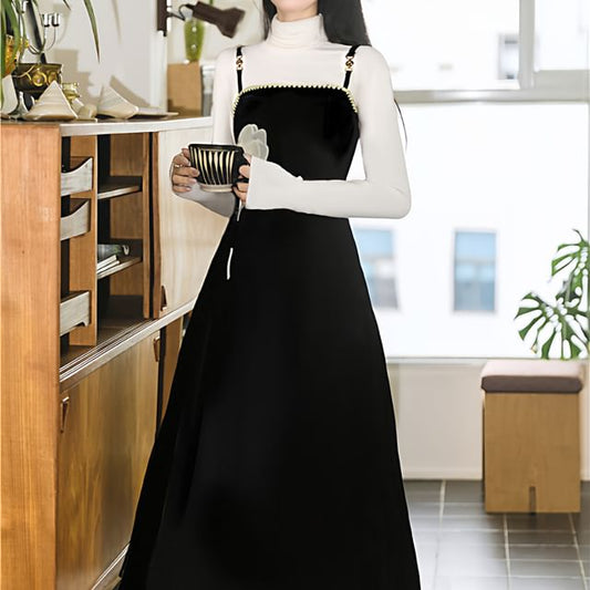 Set: Long-Sleeve Mock Neck Top + Spaghetti Strap Maxi A-Line Dress