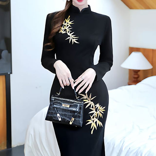 Long-Sleeve Leaf Print Maxi Sheath Dress / Shawl / Set