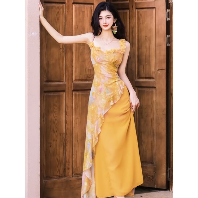 Sleeveless Floral Print Asymmetrical Dress / Shawl / Set