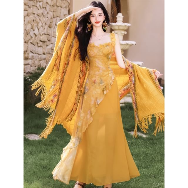 Sleeveless Floral Print Asymmetrical Dress / Shawl / Set