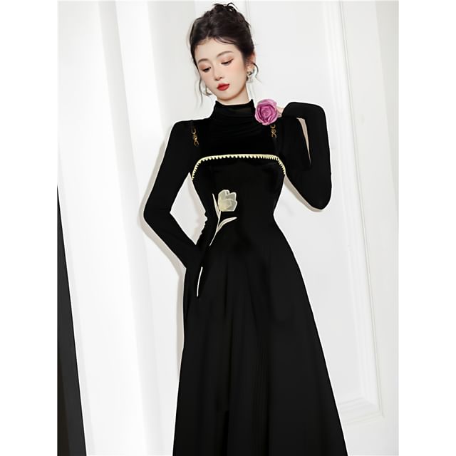 Set: Long-Sleeve Mock Neck Top + Spaghetti Strap Maxi A-Line Dress