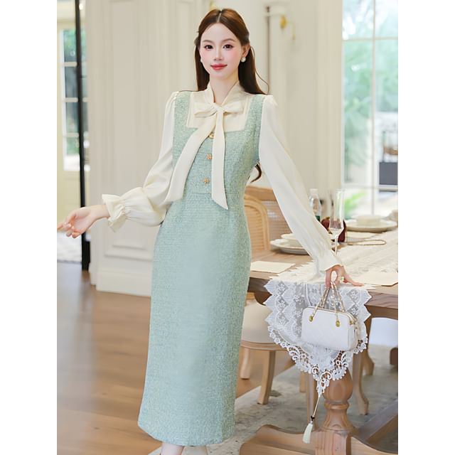 Button-Up Tweed Crop Jacket / Mock Two-Piece Long-Sleeve Maxi Sheath Dress / Set