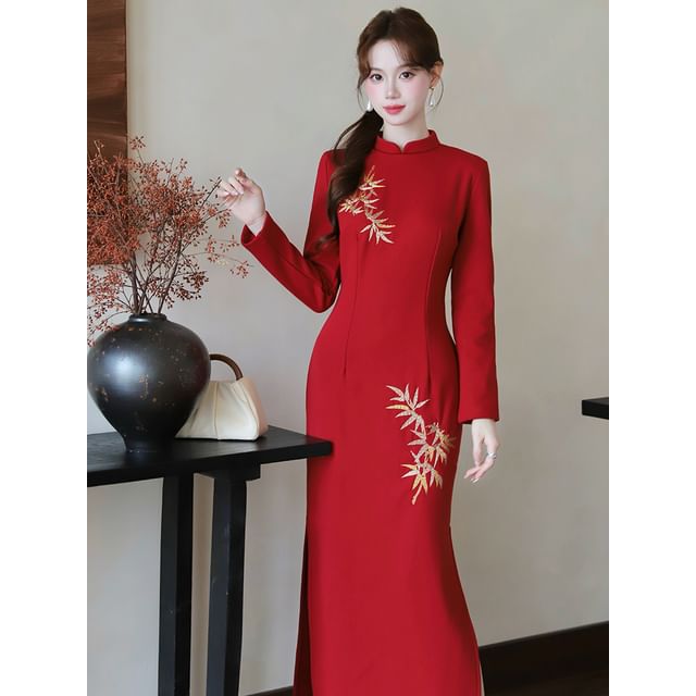 Long-Sleeve Leaf Print Maxi Sheath Dress / Shawl / Set