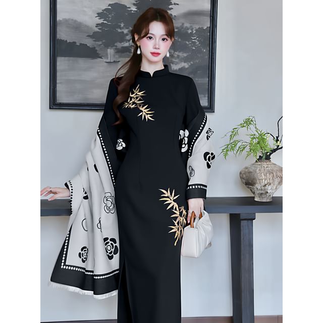 Long-Sleeve Leaf Print Maxi Sheath Dress / Shawl / Set
