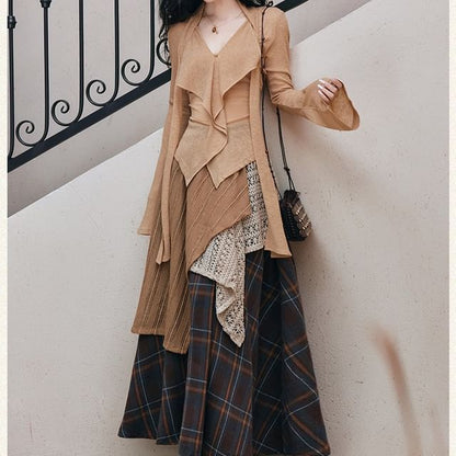 Long-Sleeve V-Neck Ruffle Plain Top / High Waist Plaid Maxi A-Line Skirt / Set