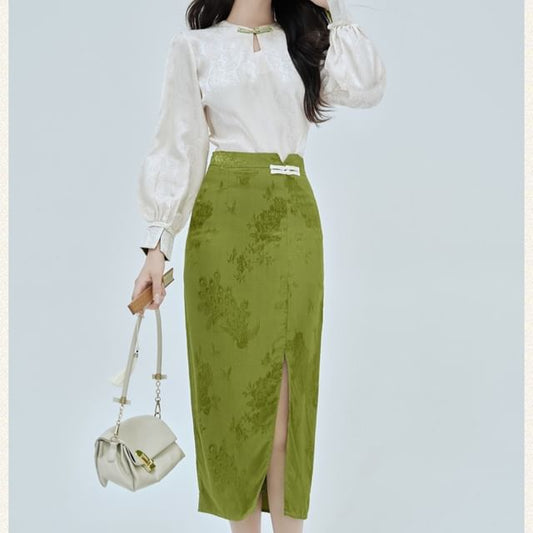 Long-Sleeve Frog Buttoned Top / High Rise Maxi Skirt / Set