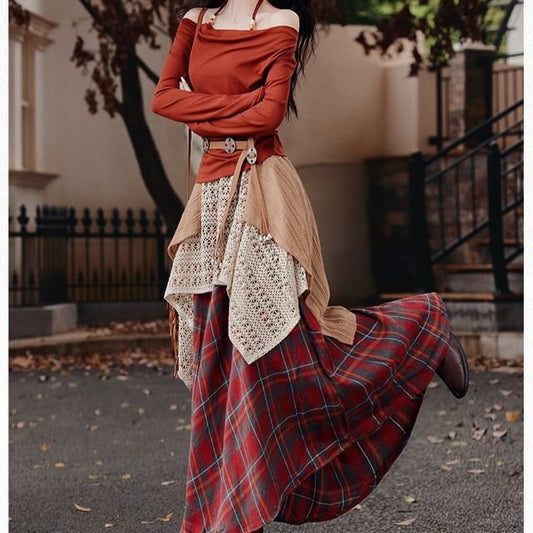 Long-Sleeve Halter Neck Plain Top / Belt / High Waist Plaid Maxi A-Line Skirt / Set
