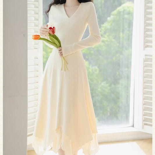 Long-Sleeve V-Neck Plain Midi A-Line Dress