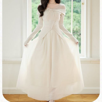 Long-Sleeve Plain Knit Top / High Rise Maxi A-Line Skirt / Set