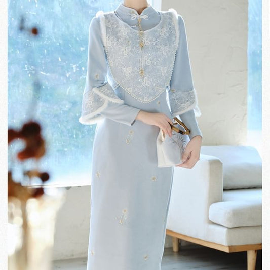 Long-Sleeve Stand Collar Plain Maxi Sheath Dress / Accessory / Sleeveless Top / Set