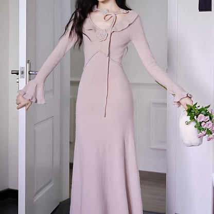 Long-Sleeve V-Neck Plain Knit Maxi A-Line Dress