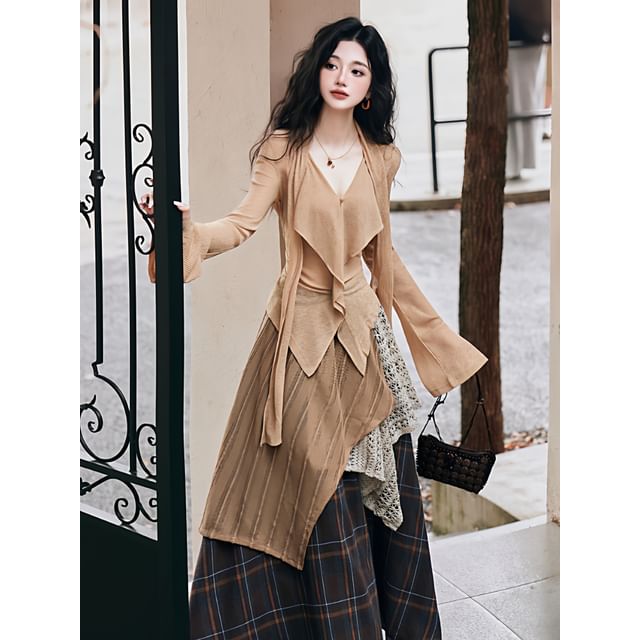 Long-Sleeve V-Neck Ruffle Plain Top / High Waist Plaid Maxi A-Line Skirt / Set