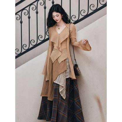 Long-Sleeve V-Neck Ruffle Plain Top / High Waist Plaid Maxi A-Line Skirt / Set