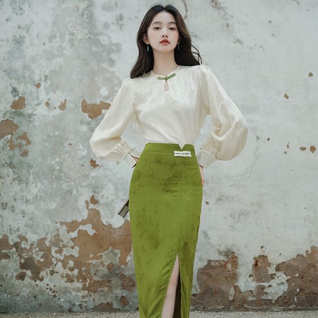 Long-Sleeve Frog Buttoned Top / High Rise Maxi Skirt / Set