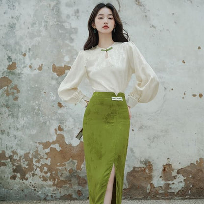 Long-Sleeve Frog Buttoned Top / High Rise Maxi Skirt / Set