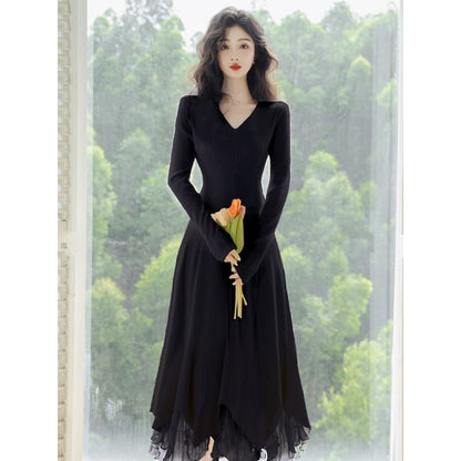 Long-Sleeve V-Neck Plain Midi A-Line Dress