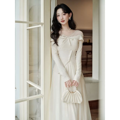 Long-Sleeve Plain Knit Top / High Rise Maxi A-Line Skirt / Set