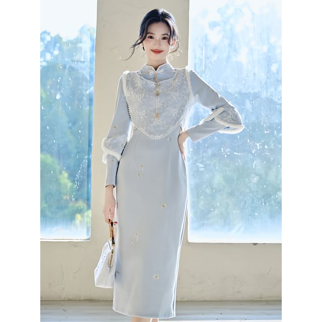 Long-Sleeve Stand Collar Plain Maxi Sheath Dress / Accessory / Sleeveless Top / Set