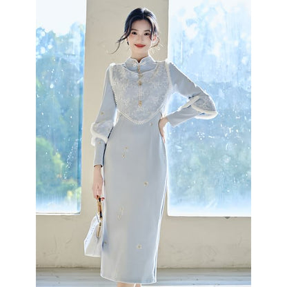 Long-Sleeve Stand Collar Plain Maxi Sheath Dress / Accessory / Sleeveless Top / Set