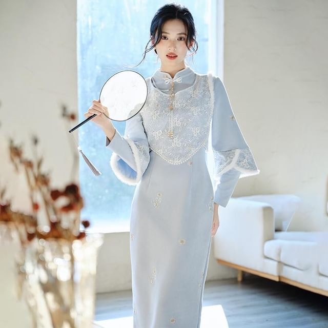 Long-Sleeve Stand Collar Plain Maxi Sheath Dress / Accessory / Sleeveless Top / Set