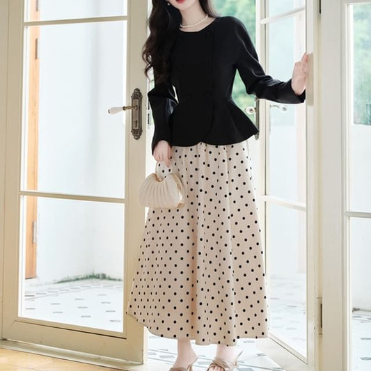 Round Neck Plain Peplum Double Breasted Jacket / High Rise Dotted Maxi A-Line Skirt / Set