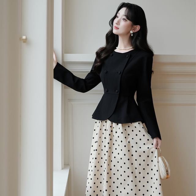 Round Neck Plain Peplum Double Breasted Jacket / High Rise Dotted Maxi A-Line Skirt / Set