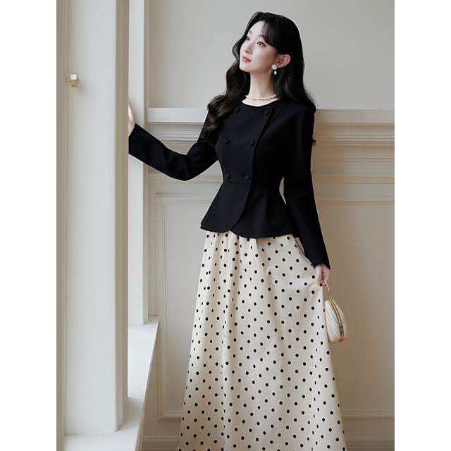 Round Neck Plain Peplum Double Breasted Jacket / High Rise Dotted Maxi A-Line Skirt / Set