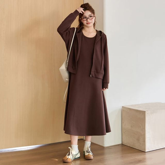 Set: Plain Drawstring Zip Hoodie + Sleeveless Scoop Neck Midi A-Line Dress