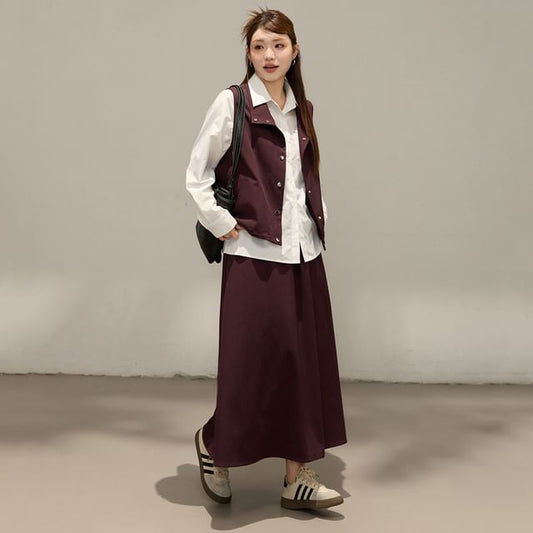 Set: Stand Collar Plain Button Vest + Drawstring Waist Midi A-Line Skirt