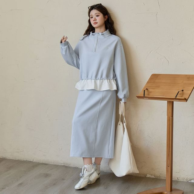 Set: Mock Two-Piece Mock Neck Lettering Half-Zip Pullover + Drawstring Waist Midi H-Line Skirt