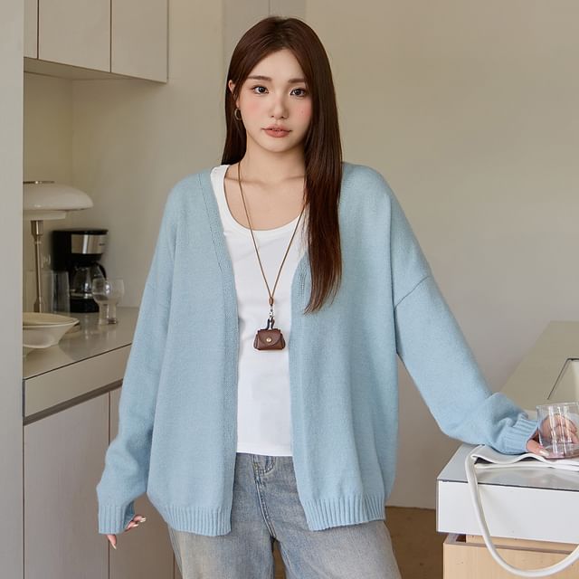 V-Neck Plain Open Front Cardigan